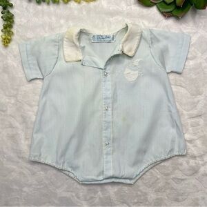 Vintage 1950s 50s Feltman Brothers Embroidered Baby Boy Collared Onesie in Blue